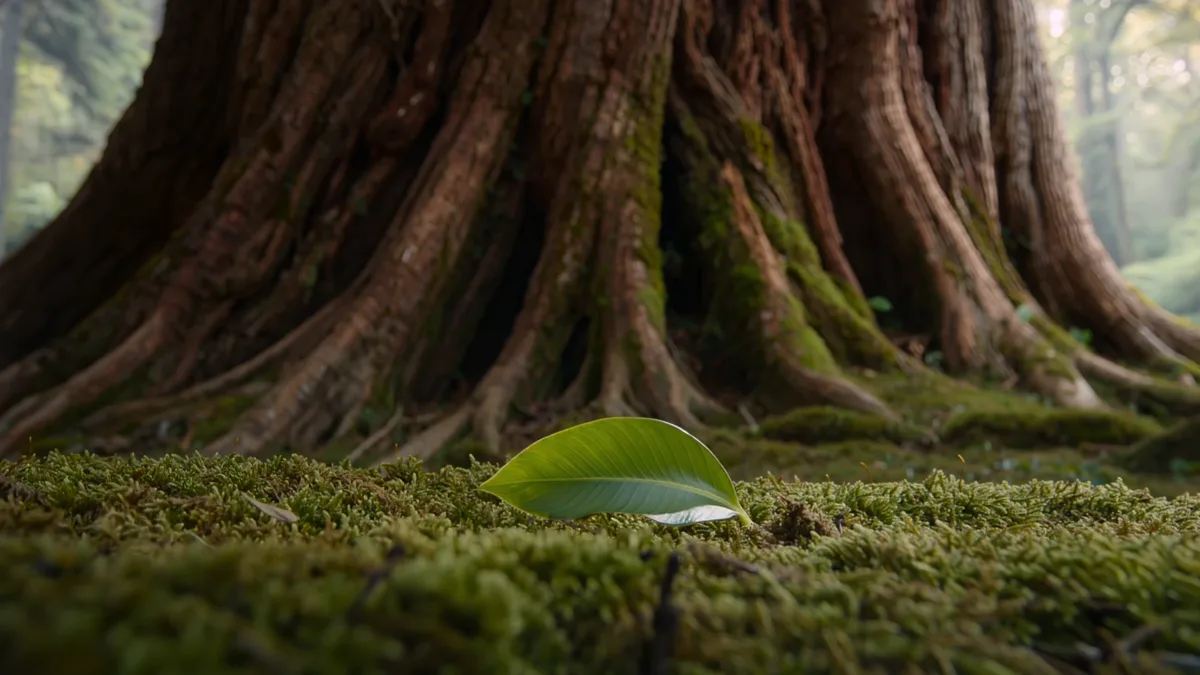 大樹の根元の苔の上に、一枚だけ落ちている青々とした葉